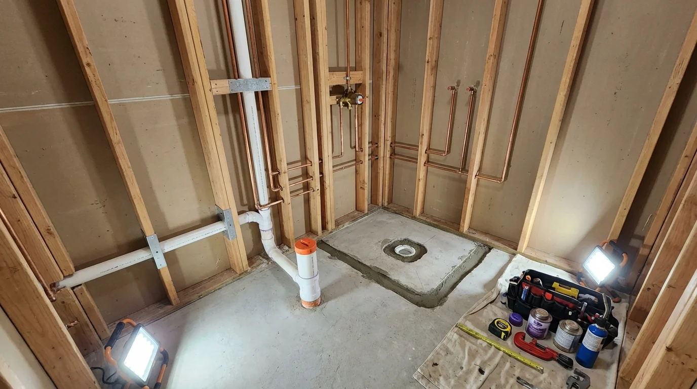 Bathroom rough-in plumbing during remodel by Johns Plumbing LLC in Walcott