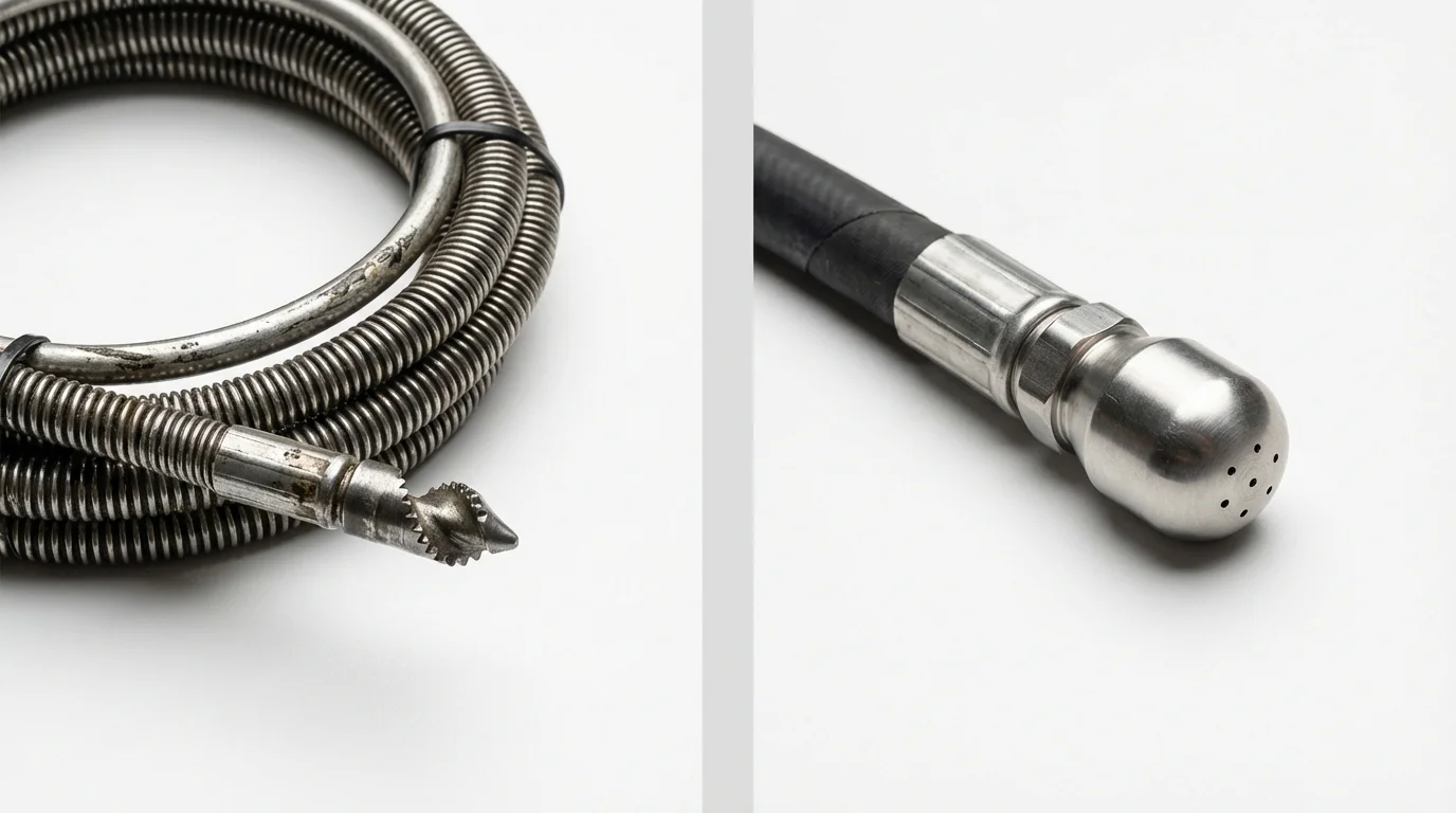 Drain snake cable and hydro jetting nozzle used for drain cleaning in Walcott, IA
