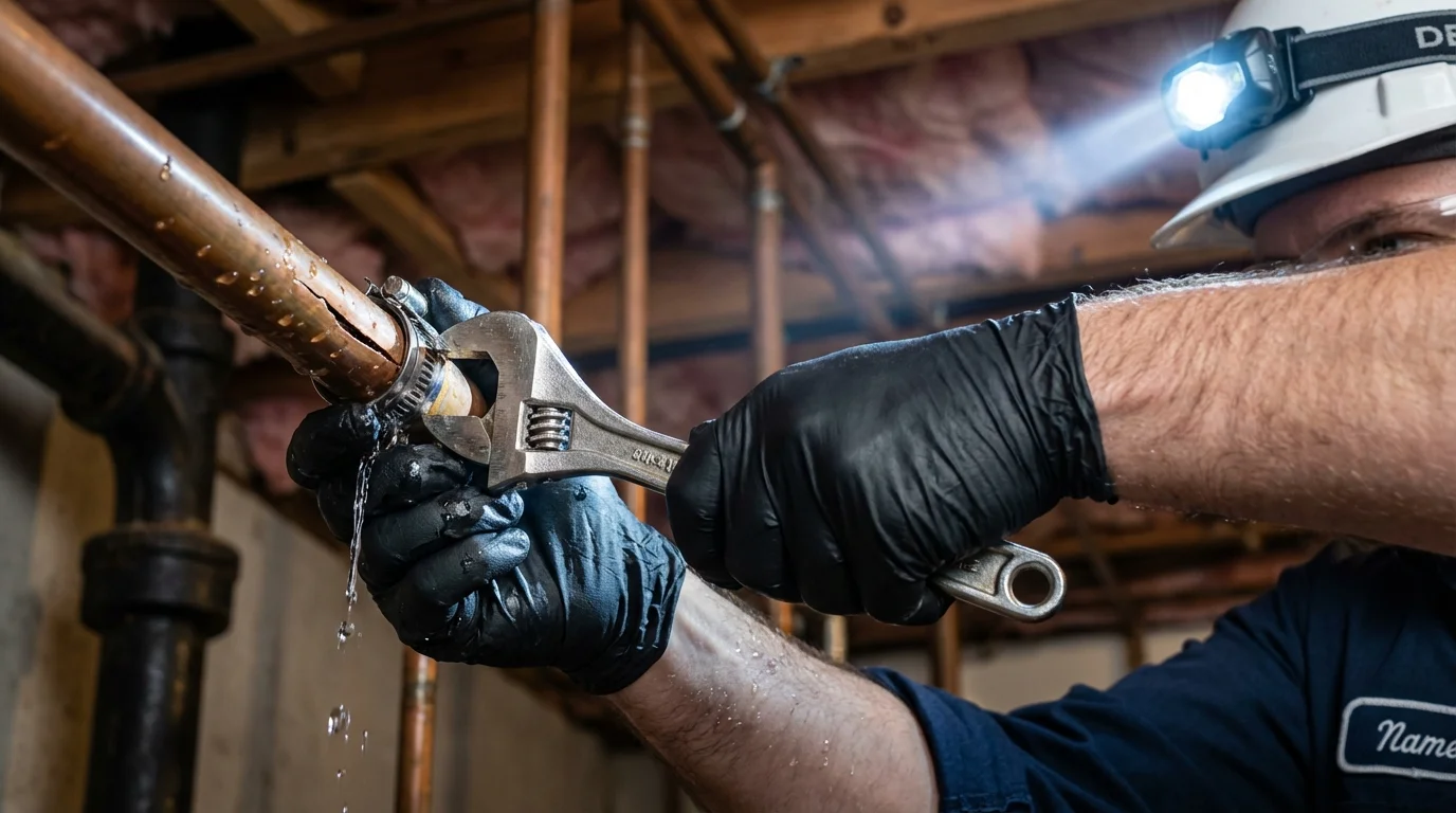 Emergency pipe clamp repair being performed by a Johns Plumbing LLC plumber in Walcott