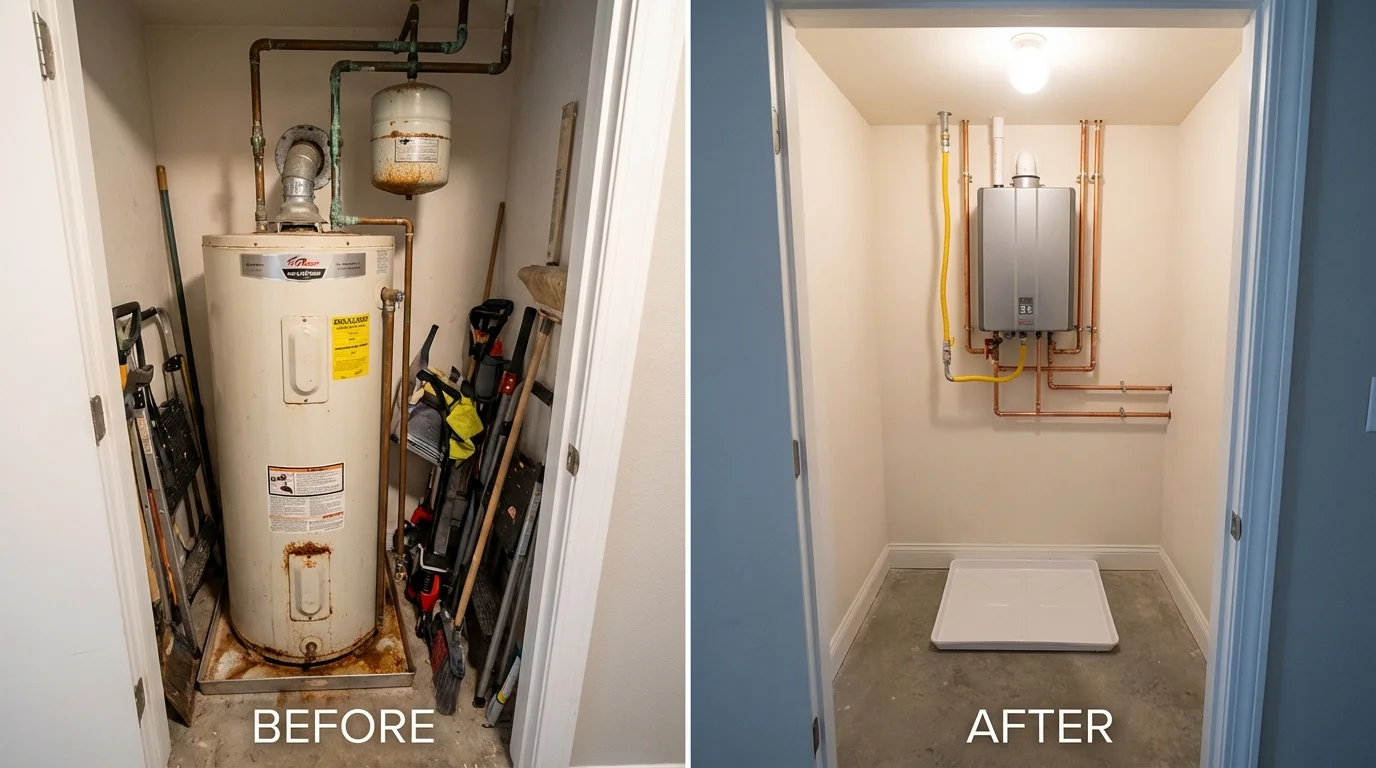 Tank water heater versus wall-mounted tankless unit comparison for Walcott, IA homeowners