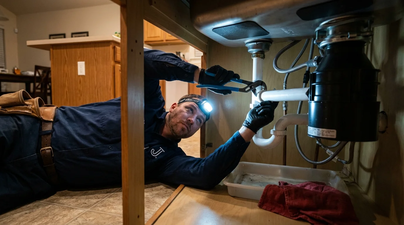 P-trap and supply line connections under a kitchen sink showing a common leak point in Walcott, IA